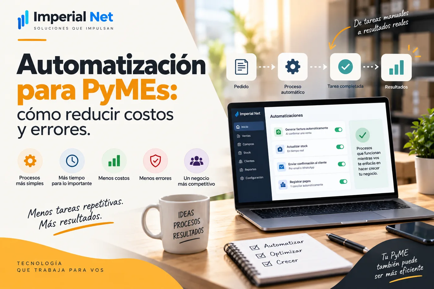 Panel de automatizaciones de Imperial Net en una notebook, con reglas activas para generar facturas, actualizar stock, enviar confirmaciones al cliente y registrar pagos, junto al circuito de pedido, proceso automático, tarea completada y resultados