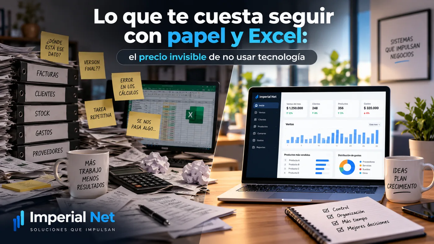 Contraste entre un escritorio desordenado con biblioratos, papeles sueltos, notas adhesivas y una planilla de Excel con errores, y un escritorio ordenado con el panel de gestión de Imperial Net mostrando ventas, gastos y reportes