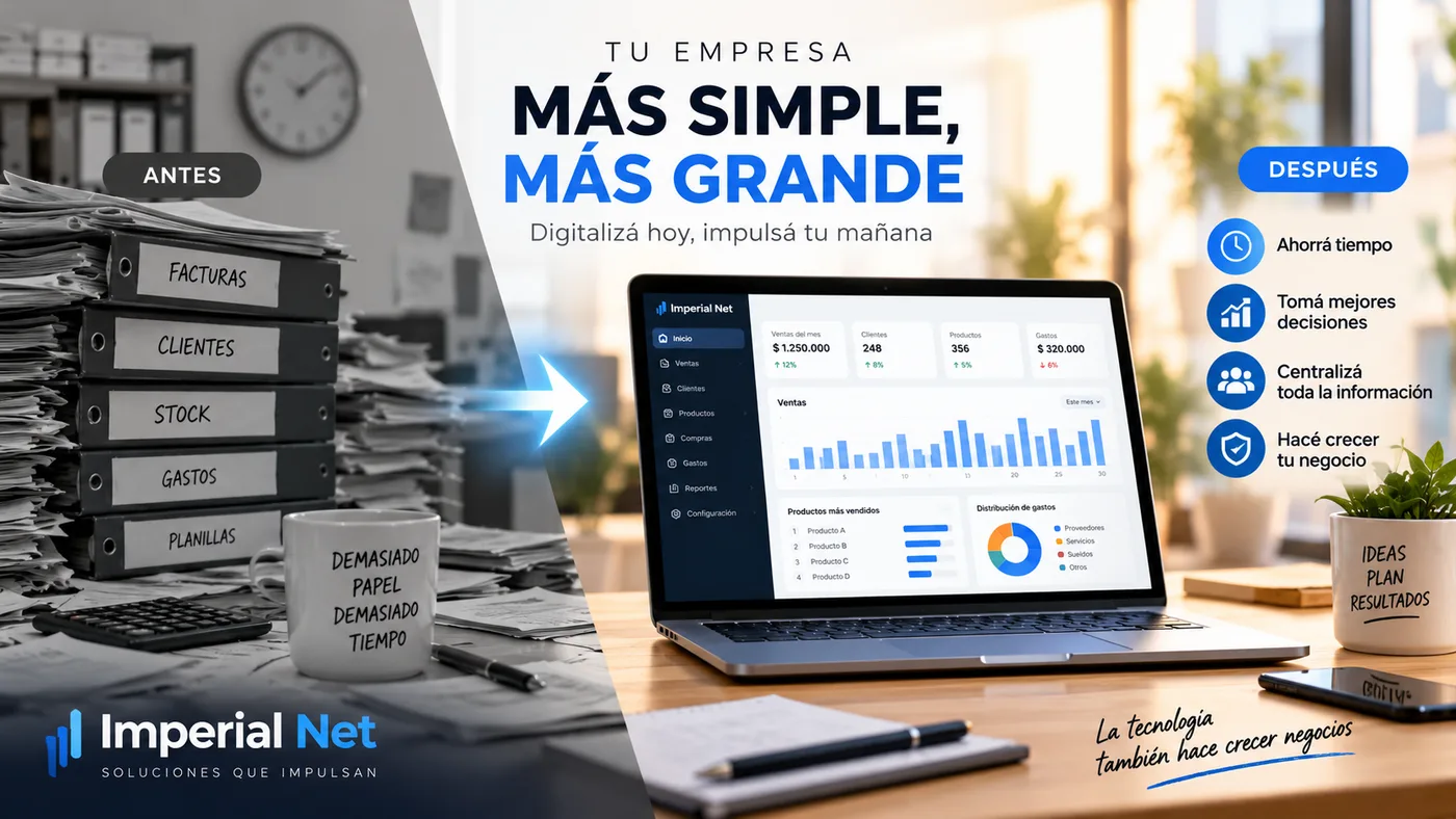 Comparación antes y después de digitalizar una empresa: a la izquierda, pilas de biblioratos de facturas, clientes, stock, gastos y planillas en papel; a la derecha, un panel de gestión de Imperial Net en una notebook con ventas, clientes, productos y reportes