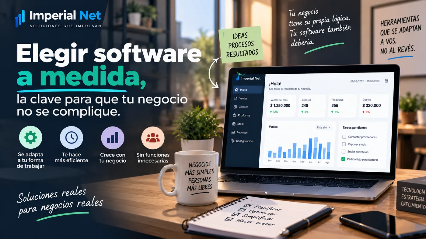 Panel de gestión de Imperial Net en una notebook con ventas del mes, clientes, productos, gastos y tareas pendientes, junto a notas manuscritas sobre herramientas que se adaptan al negocio y no al revés