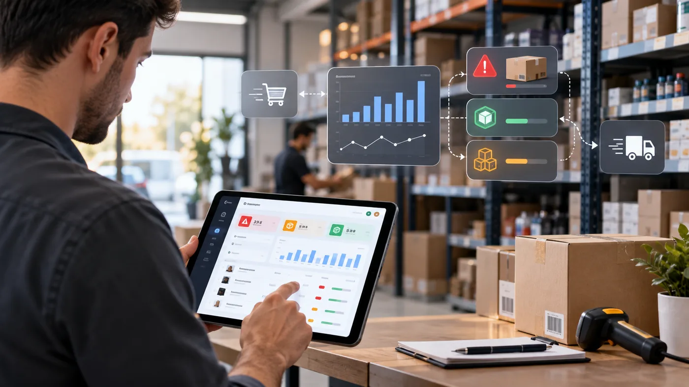 Comerciante consultando en una tablet el panel de control de su inventario, con alertas de stock bajo, stock normal y reposición pendiente, en el depósito de su negocio